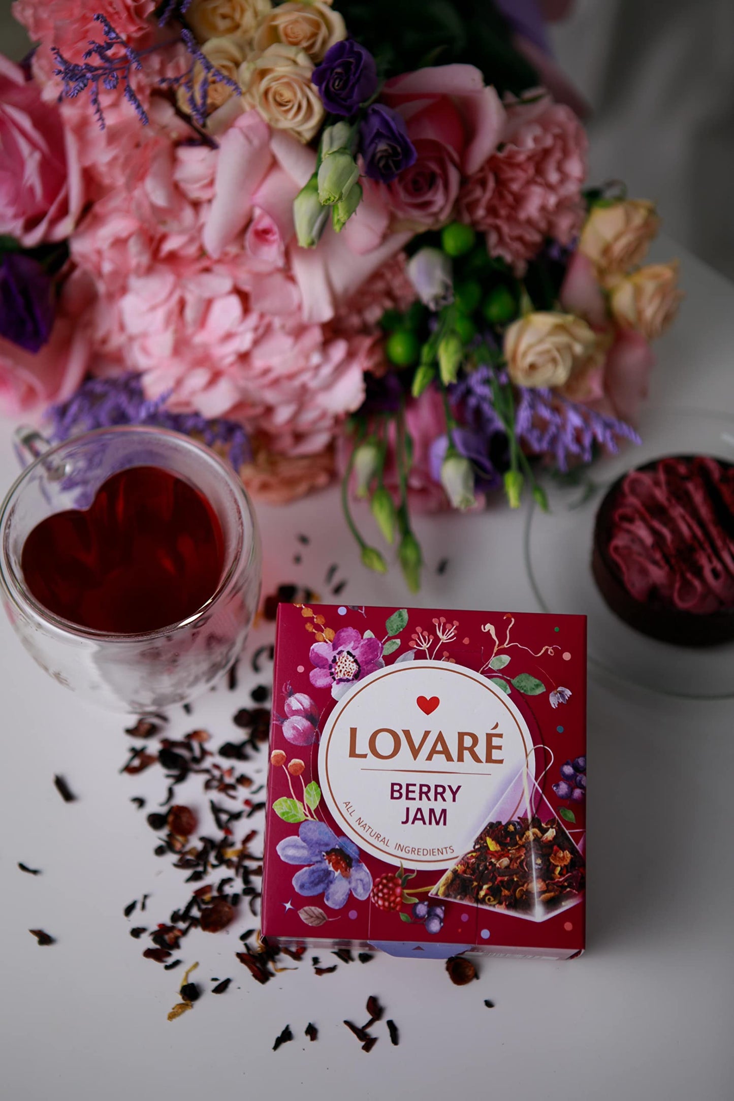 LOVARE Assorted Tea Variety Pack of 60 Pyramids - Made in Ukraine - Set of 4 Pyramid Tea Bags Boxes – 1001 Nights, Strawberry Marshmallow, Champagne Splashes, Berry Jam - Flavored Tea Pyramid Bags