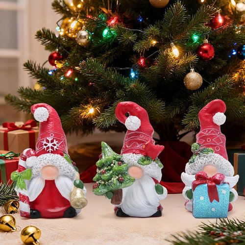 Hodao Christmas Gnome Decorations - Hand-Painted Resin Santa Gnomes Set of 3 for Holiday Home Decor