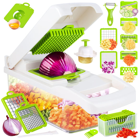 Vegetable Chopper, Pro Onion Chopper, 14 in 1Multifunctional Food Chopper, Vegetable Slicer Dicer Cutter,Veggie Chopper With 8 Blades,Carrot and Garlic Chopper With Container，Colander Basket (White)