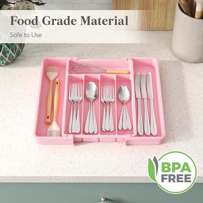 Lifewit Expandable Silverware Organizer - BPA-Free Utensil Tray for Kitchen | Adjustable 8.5"-14.1" x 12.1", Pink