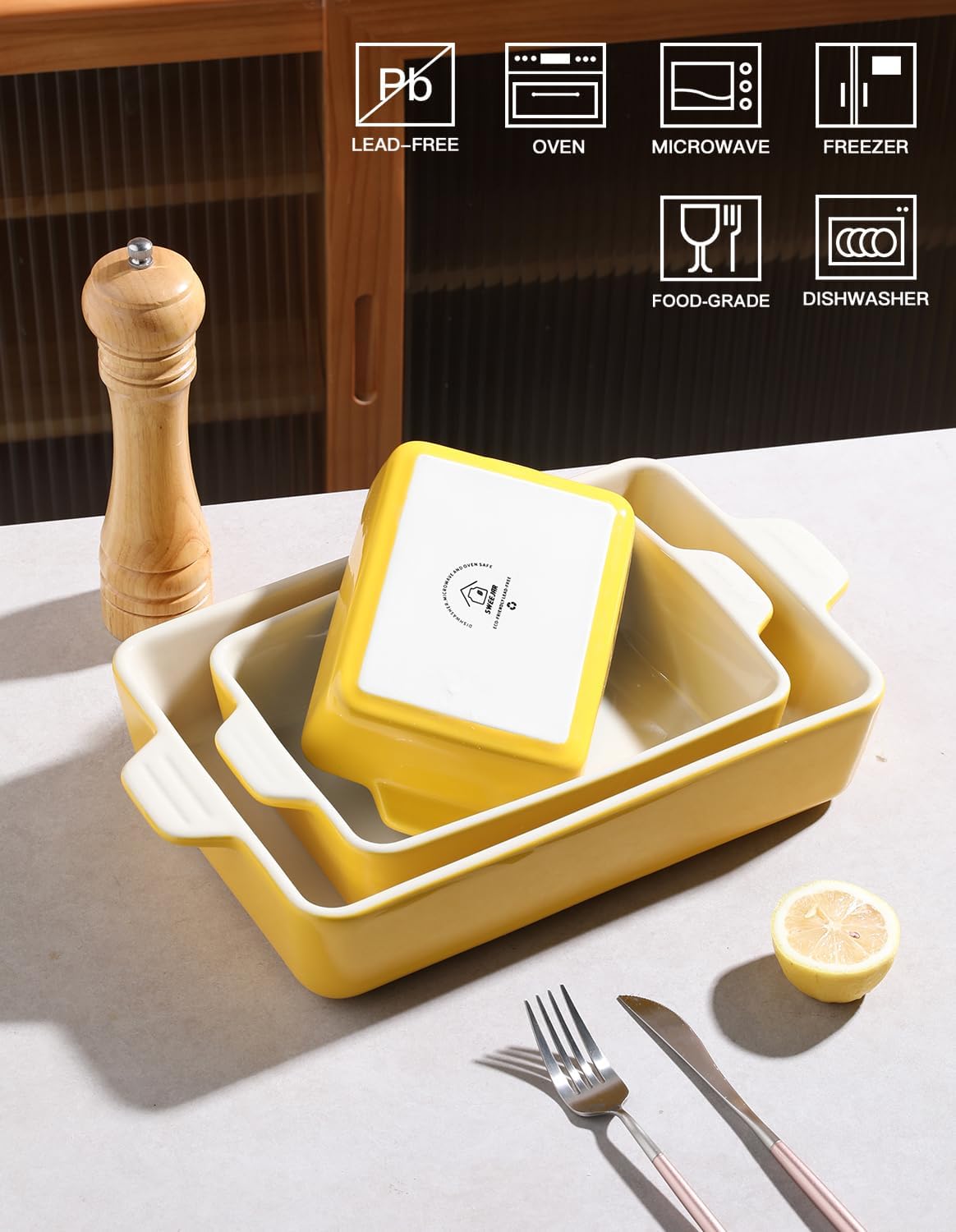 Sweejar Ceramic Bakeware Set - Rectangular Lasagna Dish for Oven & Daily Use | 11.8 x 7.8 x 2.76 Inches - Yellow
