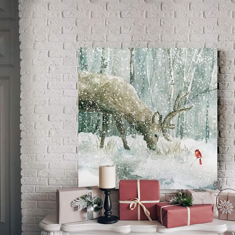 Variation of THIS listing: Reindeer and Cardinal Wall Art 24" x 24" Ready to Hang - Giclée Canvas