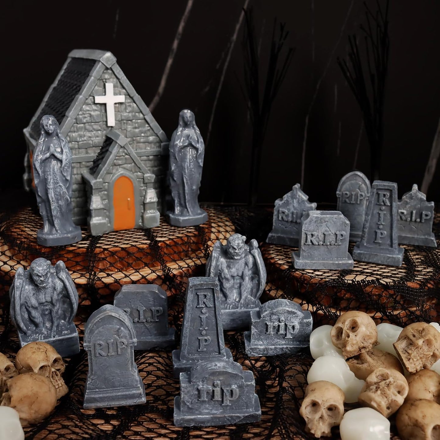 Rileryan Miniature Church Tombstones - 15 PCS Gargoyle Virgin Figurines for Halloween Decor