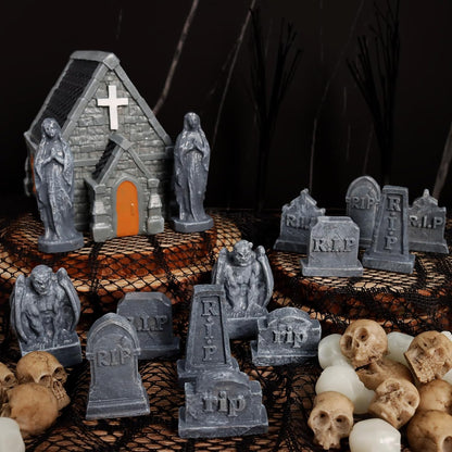 Rileryan Miniature Church Tombstones - 15 PCS Gargoyle Virgin Figurines for Halloween Decor