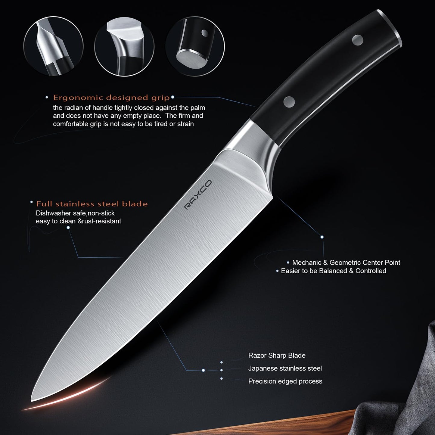 RAXCO Drawer Knife Set,13-Piece Stainless Steel Kitchen Knifes With Built-in Sharpener