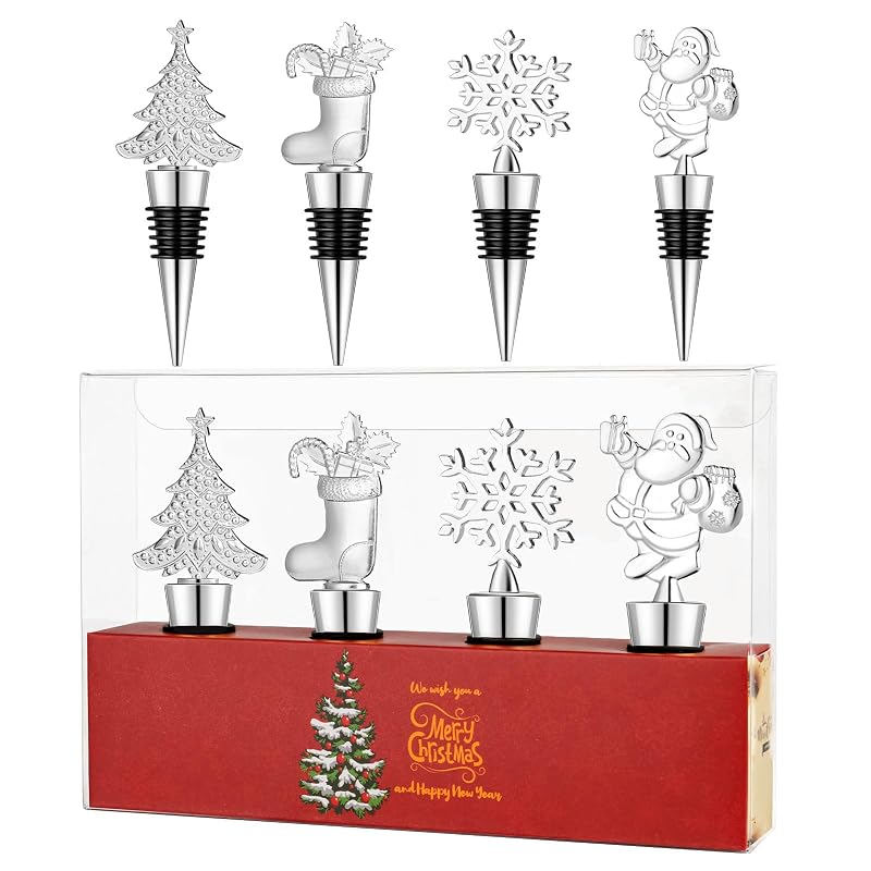 4 Pack Christmas Bottle Stoppers - Santa, Snowflake, Stocking & Tree (Silver) - Gift Box Holiday Set