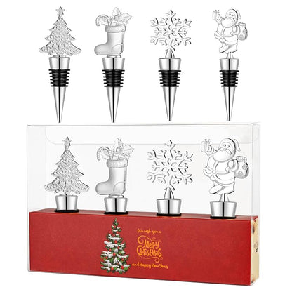 4 Pack Christmas Bottle Stoppers - Santa, Snowflake, Stocking & Tree (Silver) - Gift Box Holiday Set