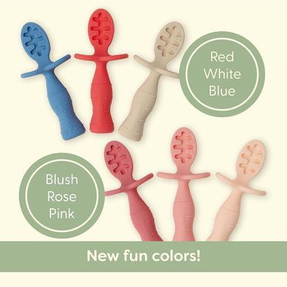 Upward Baby Spoons - Self-Feeding Toddler Utensils with Anti-Choke Barrier | 3 Pack, Silicone, Red/White/Blue