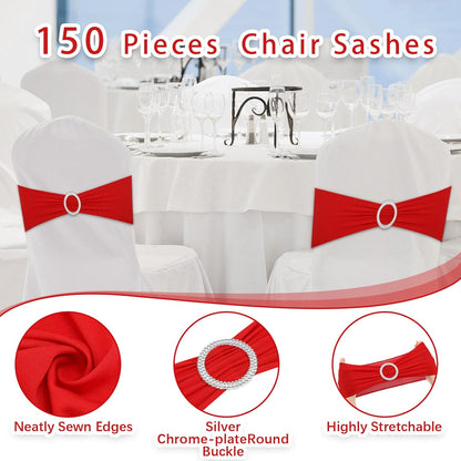 CHENGU Spandex Stretch Chair Sashes - 150 Elastic Covers with Buckle Slider for Weddings & Events | Red