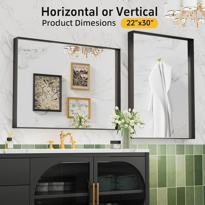 Dimelax Black Vanity Wall Mirror, 22x 30 Inch Rectangular Bathroom Mirrors for Over Sink, Aluminum Metal Framed Mirror, Tempered Glass, Anti-Rust, Wall Farmhouse Mirrors (Horizontal/Vertical)