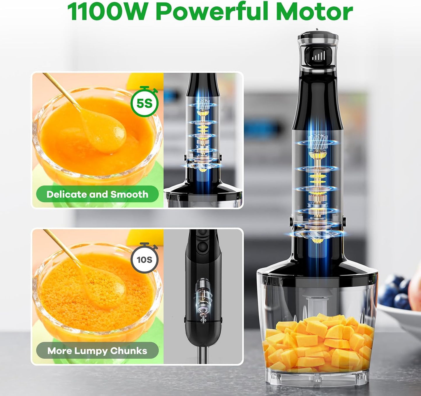 Turelar Immersion Blender - 1100W Handheld Stick Blender Set with Variable Speed, Chopper & Whisk - Black