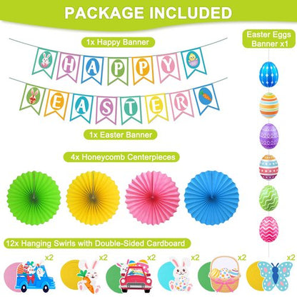 32Pcs Easter Decorations Easter Decor Happy Easter Banner Egg Bunny Garland Hanging Swirl for Home Office School Classroom Themed Party Decorations