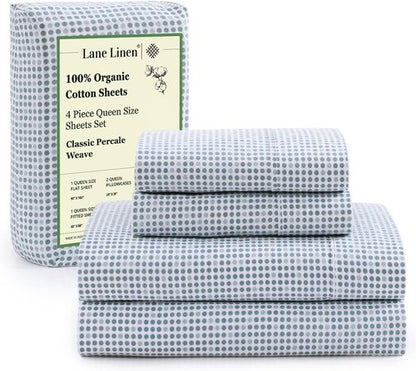 **LANE LINEN Eco-Friendly 100% Organic Cotton Queen Bed Sheets Set - Soft Polka Dot Design with 15" Deep Pockets**