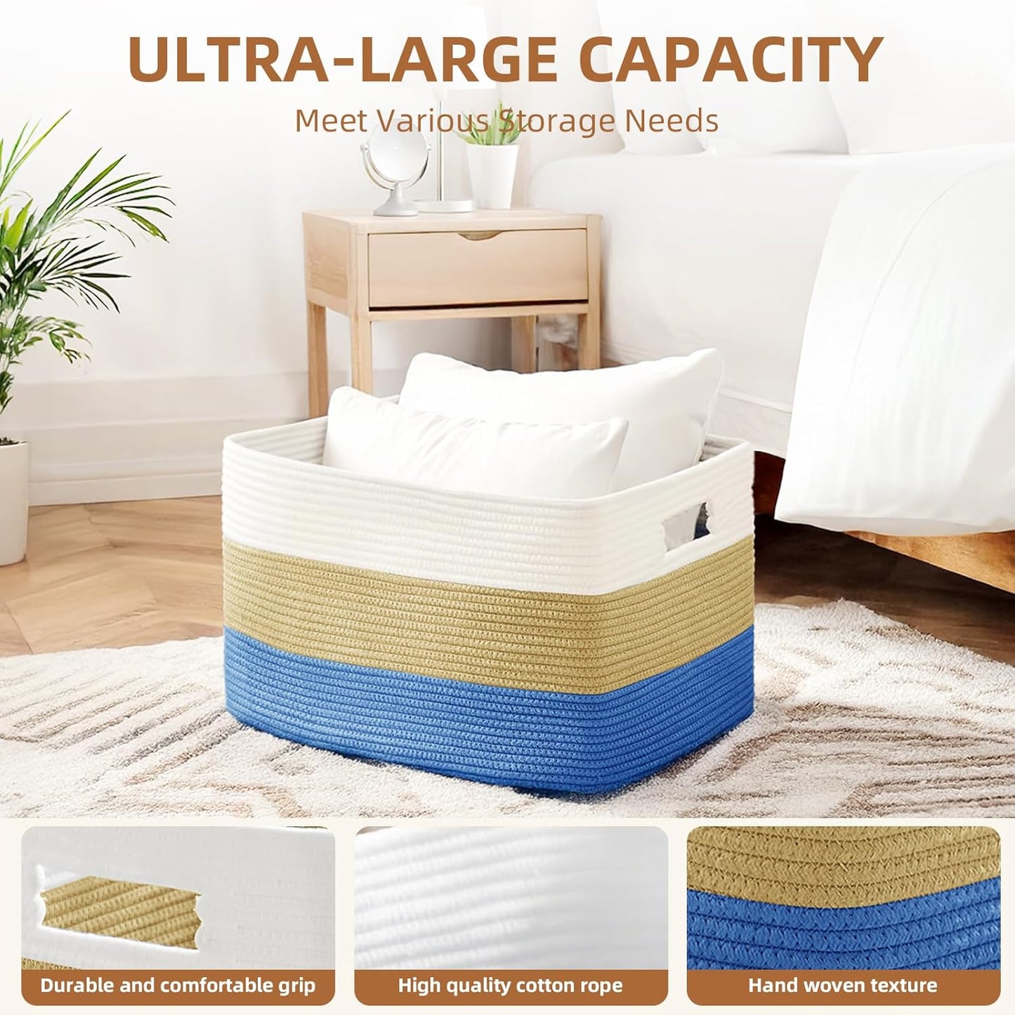 Skiennix Cotton Rope Basket - Large 72L Woven Storage for Blankets, Laundry, Toys | White & Dark Blue