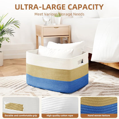 Skiennix Cotton Rope Basket - Large 72L Woven Storage for Blankets, Laundry, Toys | White & Dark Blue