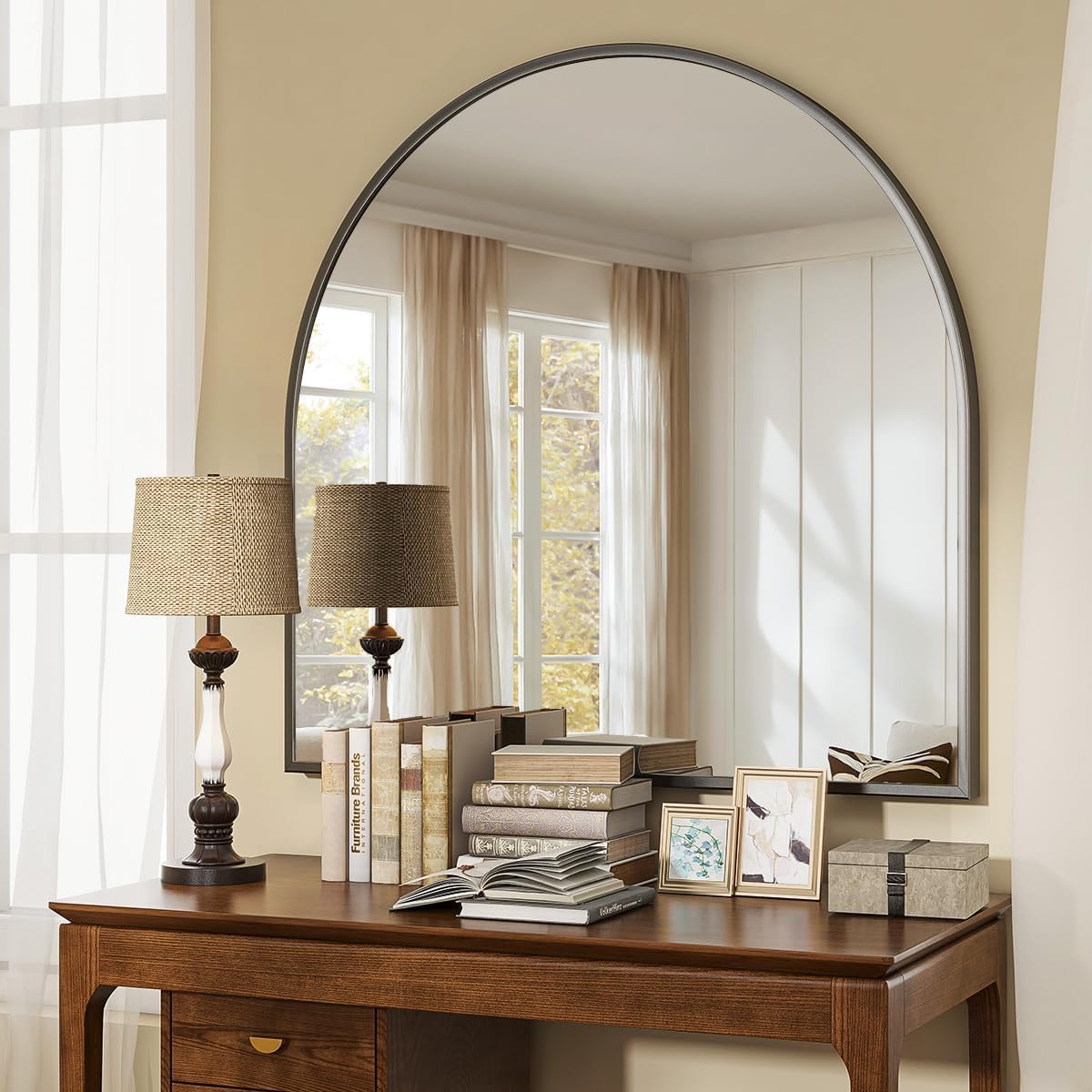 VooBang Wide Arched Wall Mirror - 31 x 32 Inch Modern Bathroom Vanity Mirror in Black | Stylish Metal Frame
