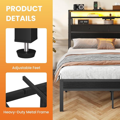 Queen Bed Frame with LED Lights, USB/AC/Type-C Charging Station, 3-Tier Headboard Storage & Under-Bed Drawers