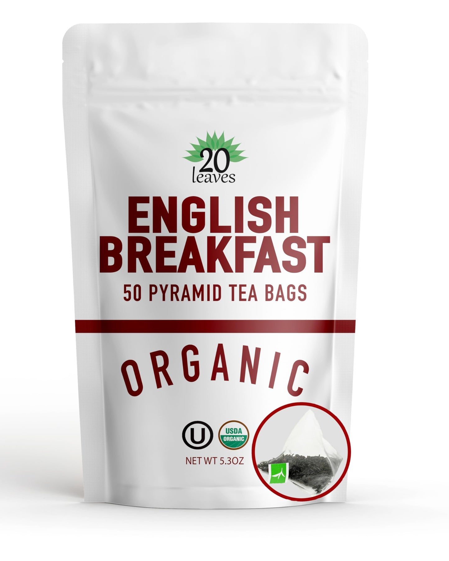 English Breakfast Black Tea - 100% Certified Organic - 50 Pyramid Tea Bags Sachets in Resealable Bag