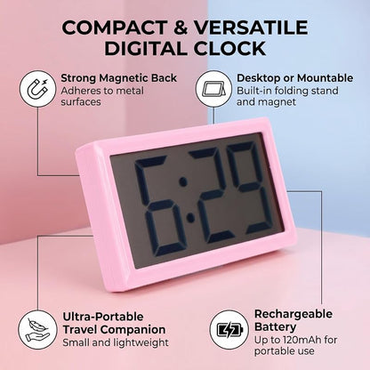 Pink Digital Clock with Magnetic/Desktop Installation, Battery Powered, 12-Hour Display