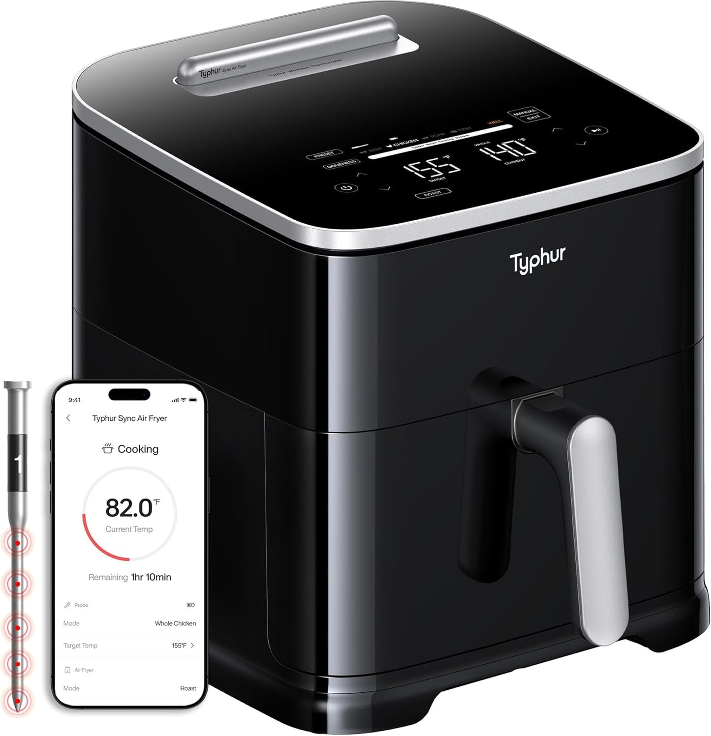 Typhur Sync 8QT AI Smart Air Fryer - 9-in-1 Non-Toxic Ceramic with Wireless Thermometer | Cooks 6lb Chicken