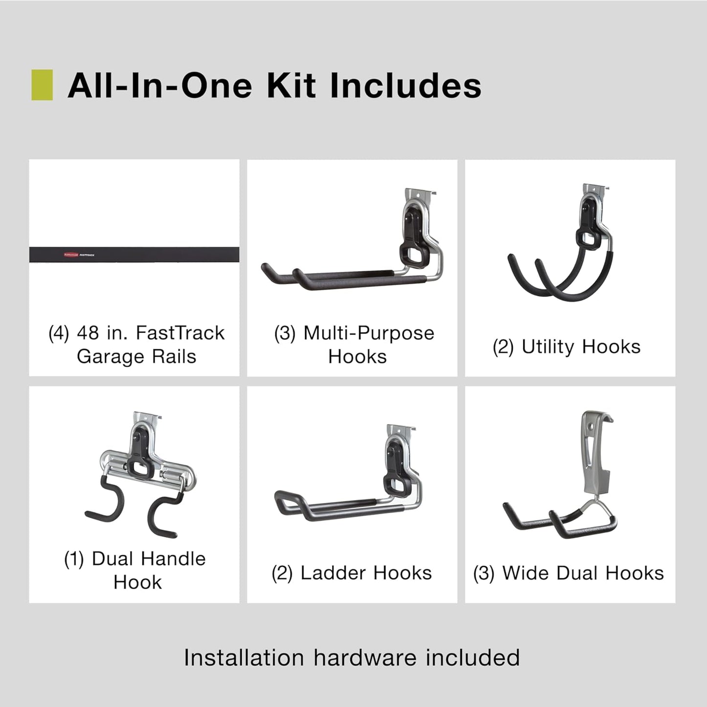 Rubbermaid 15-Piece Garage Wall-Mounted Storage Kit - 4 Rails & 11 Hooks for Home Organization