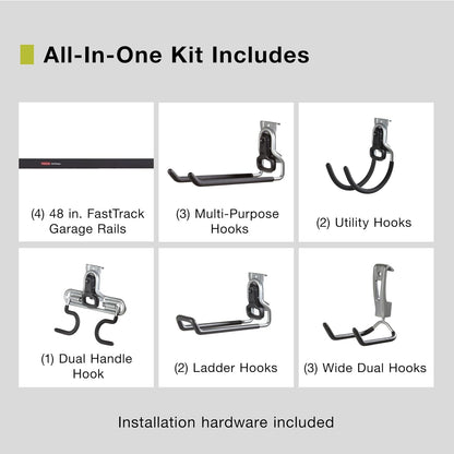Rubbermaid 15-Piece Garage Wall-Mounted Storage Kit - 4 Rails & 11 Hooks for Home Organization