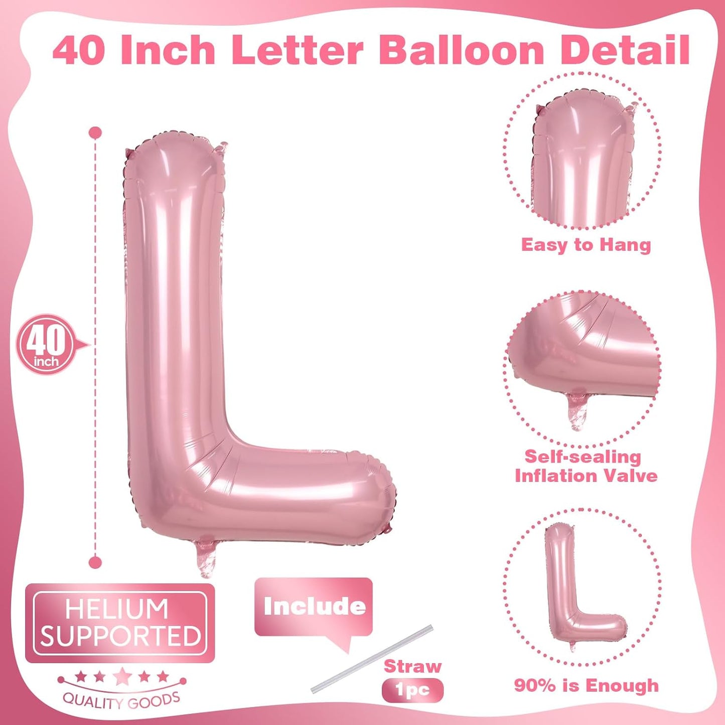 Skiennix 40-Inch Giant Pastel Pink Letter L Balloon - Self-Inflating Mylar Decoration for Birthdays