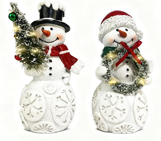 Regine Switzerland Snowman Christmas Decorations - LED Light-Up Figurines Set of 2 for Holiday Decor