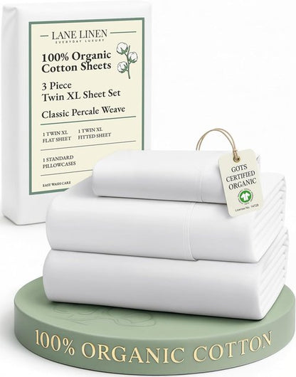 LANE LINEN 100% Organic Cotton Twin XL Sheet Set - Soft, Breathable 3-Piece White Percale Bedding