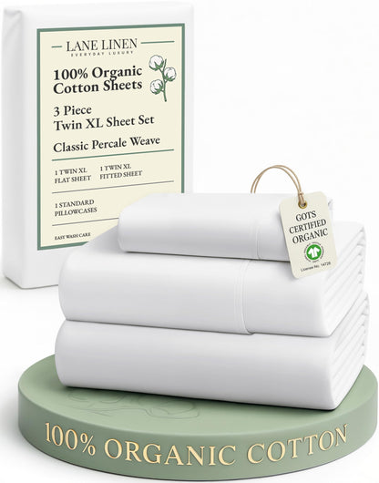 LANE LINEN 100% Organic Cotton White Twin XL Sheets Set 3-Piece Pure Percale Soft Bedding Breathable Fits Mattress Upto 15" Deep
