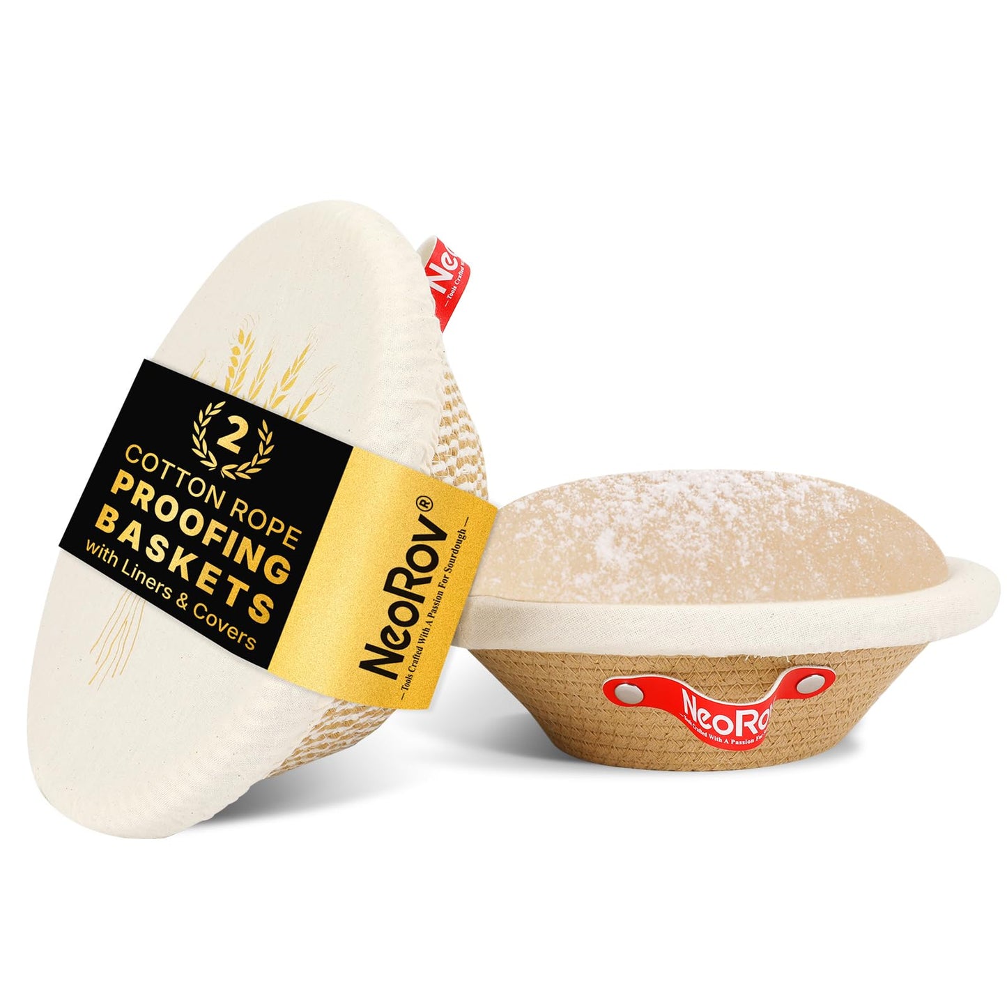 NeoRov Handmade Cotton Rope Banneton Bread Proofing Basket Set - 2X Round Bread Baskets - With Liner & Cloth Cover - For Proofing Sourdough Bread & Bread Storage (Khaki & Khaki Stripes)