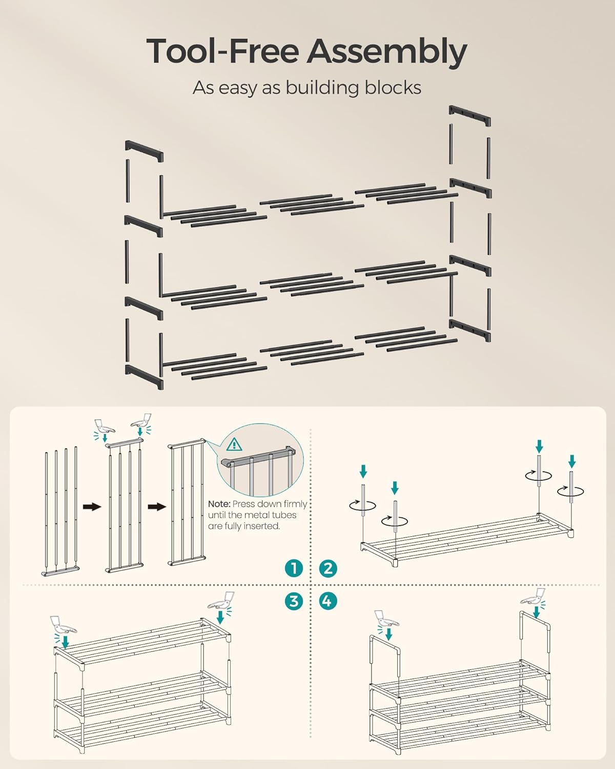 SONGMICS 3-Tier Shoe Rack - Stackable Metal Organizer for 20-24 Pairs | Black, 11.8 x 46.1 x 21.7 Inches