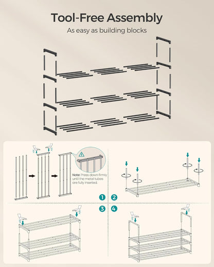 SONGMICS 3-Tier Shoe Rack - Stackable Metal Organizer for 20-24 Pairs | Black, 11.8 x 46.1 x 21.7 Inches