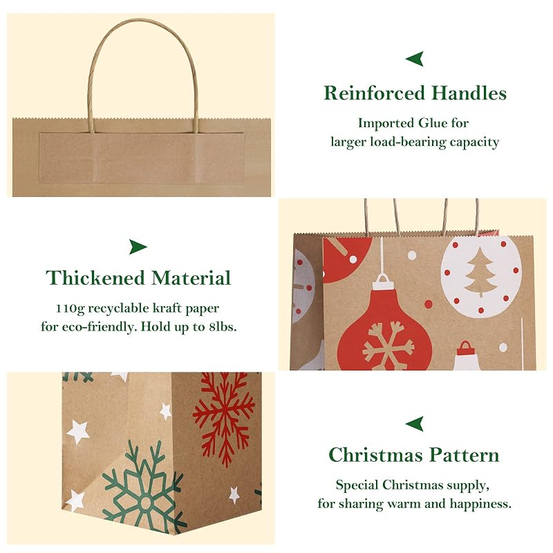 Christmas Gift Bags 24 Pcs Kraft Gift Bags with Handles - 8x4.25x10.5 - 6 Designs (Variation: Christmas Pattern A+1 Count Pack of 24)