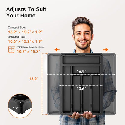 AMADA HOMEFURNISHING Expandable Silverware Drawer Organizer, Adjustable Utensil Tray For Kitchen Storage, BPA-Free Cutlery Holder for Spoons, Forks and Knives, Easy to Clean and Wash