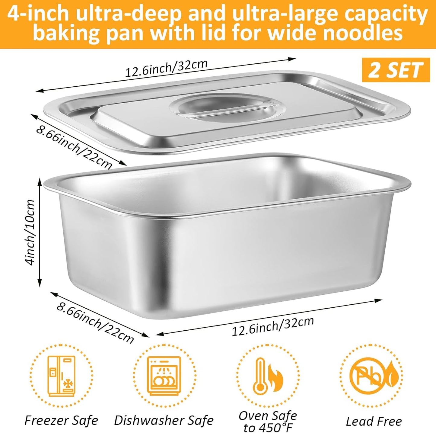 Skiennix 4-Inch Extra Deep Lasagna Baking Pan - Durable 304 Stainless Steel with Lid | 8.7x12.6 Inch Silver