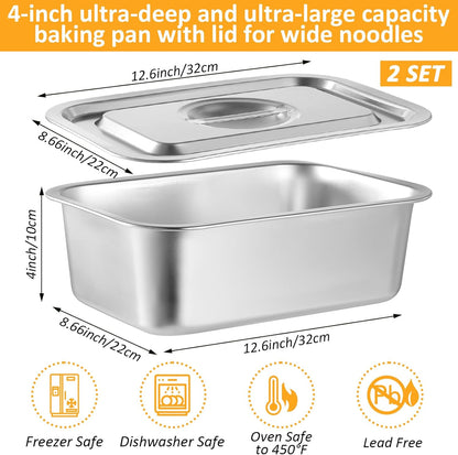 Skiennix 4-Inch Extra Deep Lasagna Baking Pan - Durable 304 Stainless Steel with Lid | 8.7x12.6 Inch Silver