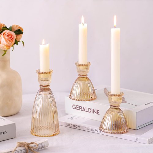 LAMORGIFT Gold Candlestick Holders Set - 4pcs 3.5" & 2pcs 6" Assorted Taper Candle Holders for Weddings | Modern Ribbed Glass Decor