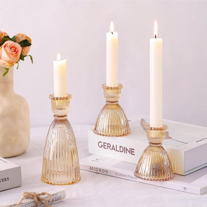 LAMORGIFT Gold Candlestick Holders Set - 4pcs 3.5" & 2pcs 6" Assorted Taper Candle Holders for Weddings | Modern Ribbed Glass Decor