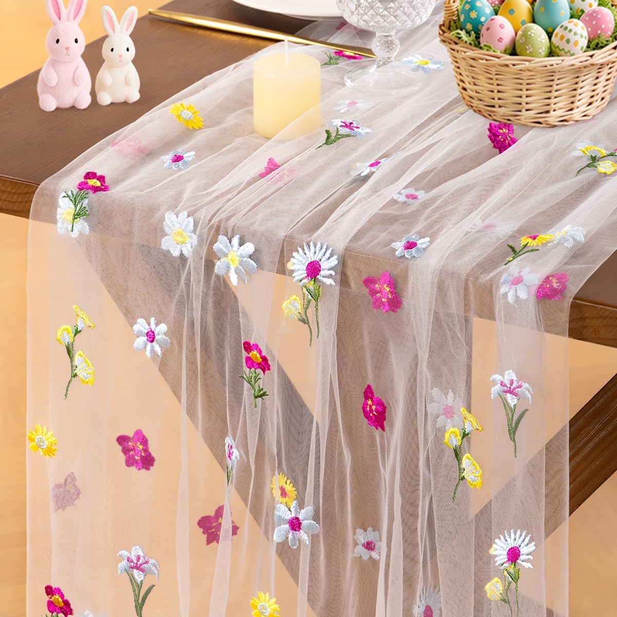 Socomi Floral Table Runner - Summer Wildflower Embroidery | Sheer Tulle for Weddings & Parties