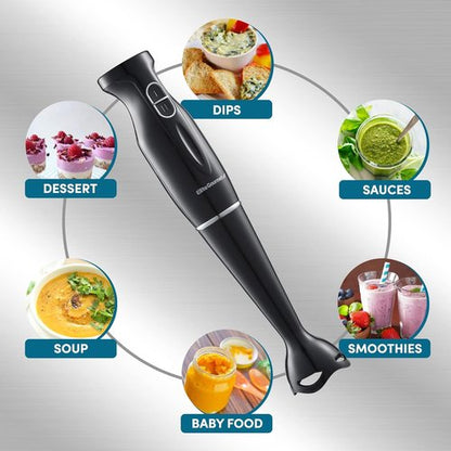 Elite Gourmet Immersion Hand Blender - 300 Watts, 2 Speed with Detachable Blades & Wand - Charcoal Black