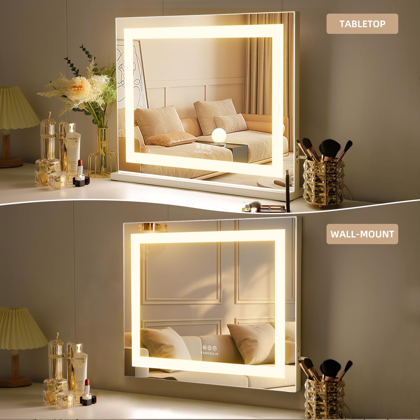 FENCHILIN Vanity Mirror with Light,22.8"x18.1" LED Makeup Mirror wtih Light and Hollywood Vanity Mirror wtih Smart Touch Control 3 Colors Dimmable Light & 10X Magnification,White