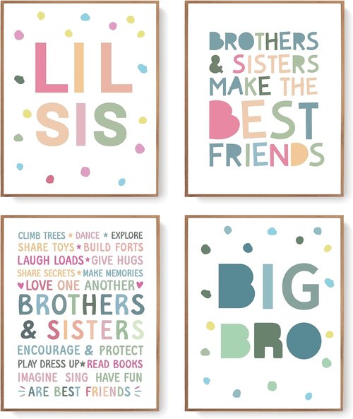 LARTSFRO Wall Art Decor - Brother and Sister Make The Best Friends | Inspirational Nursery Posters, 10x8 Inch Set of 4 Unframed