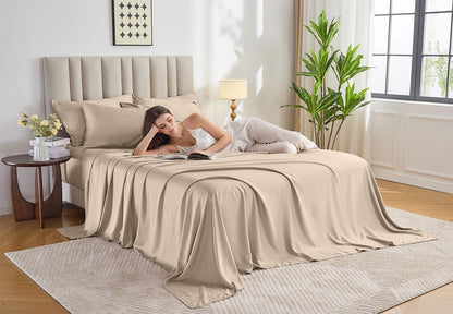 Pure Bamboo Queen Sheets - Luxuriously Soft 100% Organic Viscose Bed Sheet Set | Cooling & Durable (Queen, Almond)