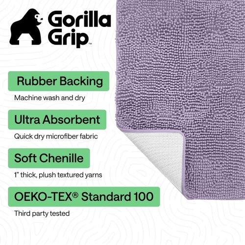 GORILLA GRIP Bath Rug Mat - Thick, Soft, Absorbent Chenille | Quick-Dry Microfiber, 44x26, Light Purple