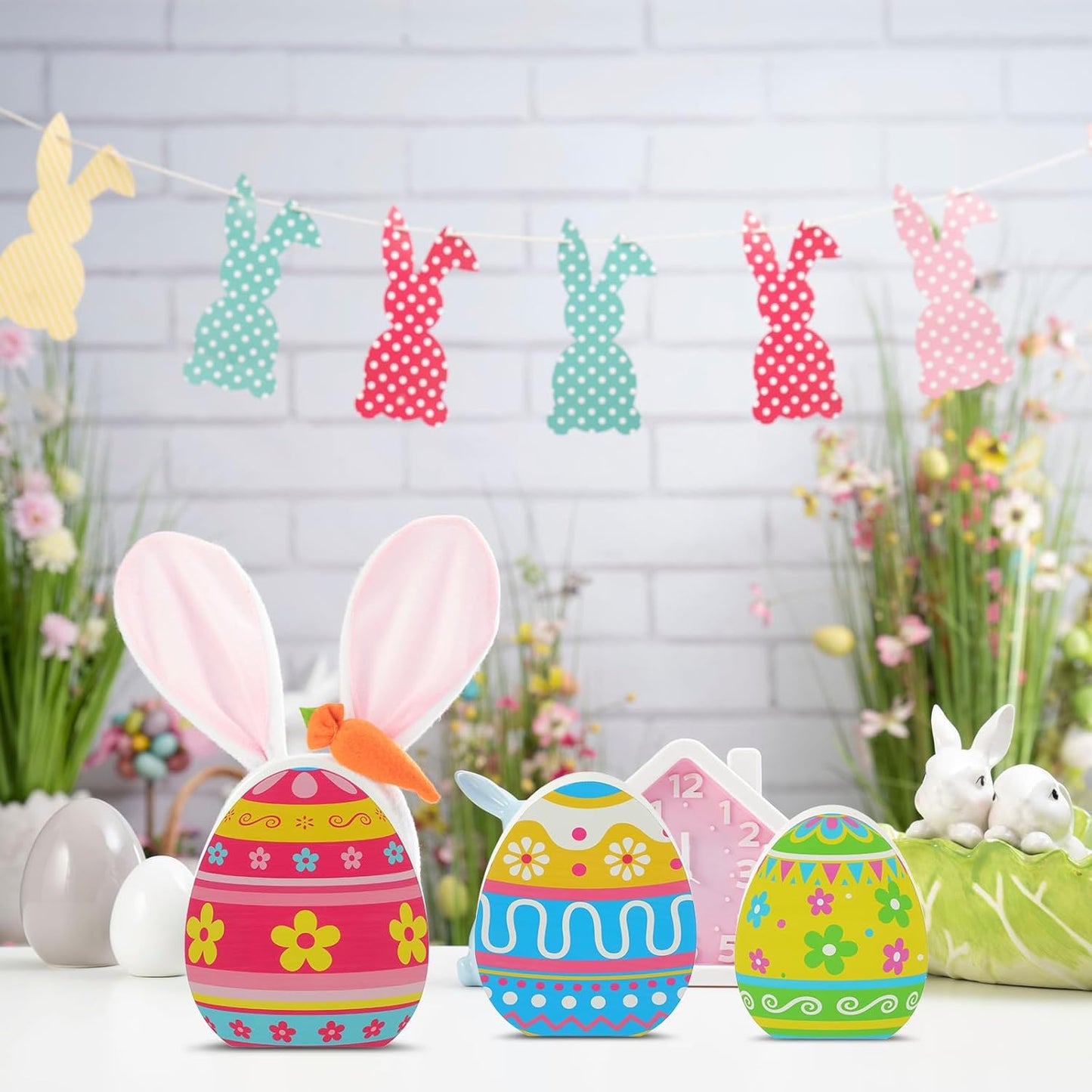 Threan Easter Egg Table Decorations - 3 Pcs Wooden Centerpiece Signs for Spring Home & Party Decor