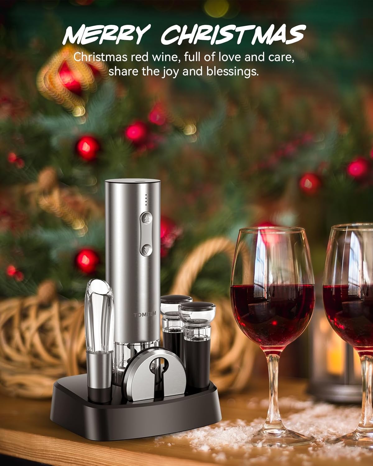 TOMEEM Electric Wine Opener Set - Rechargeable Wine Bottle Opener with Vacuum Stoppers,Wine Pourer, Foil Cutter,and Storage Stand - Ideal Wine Accessories & Wine Gift Set for Wine Lovers