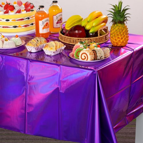 FunnyPars Iridescent Purple Plastic Tablecloths - Shiny Disposable Laser Rectangle Covers | 54x108 Inch Party Decor