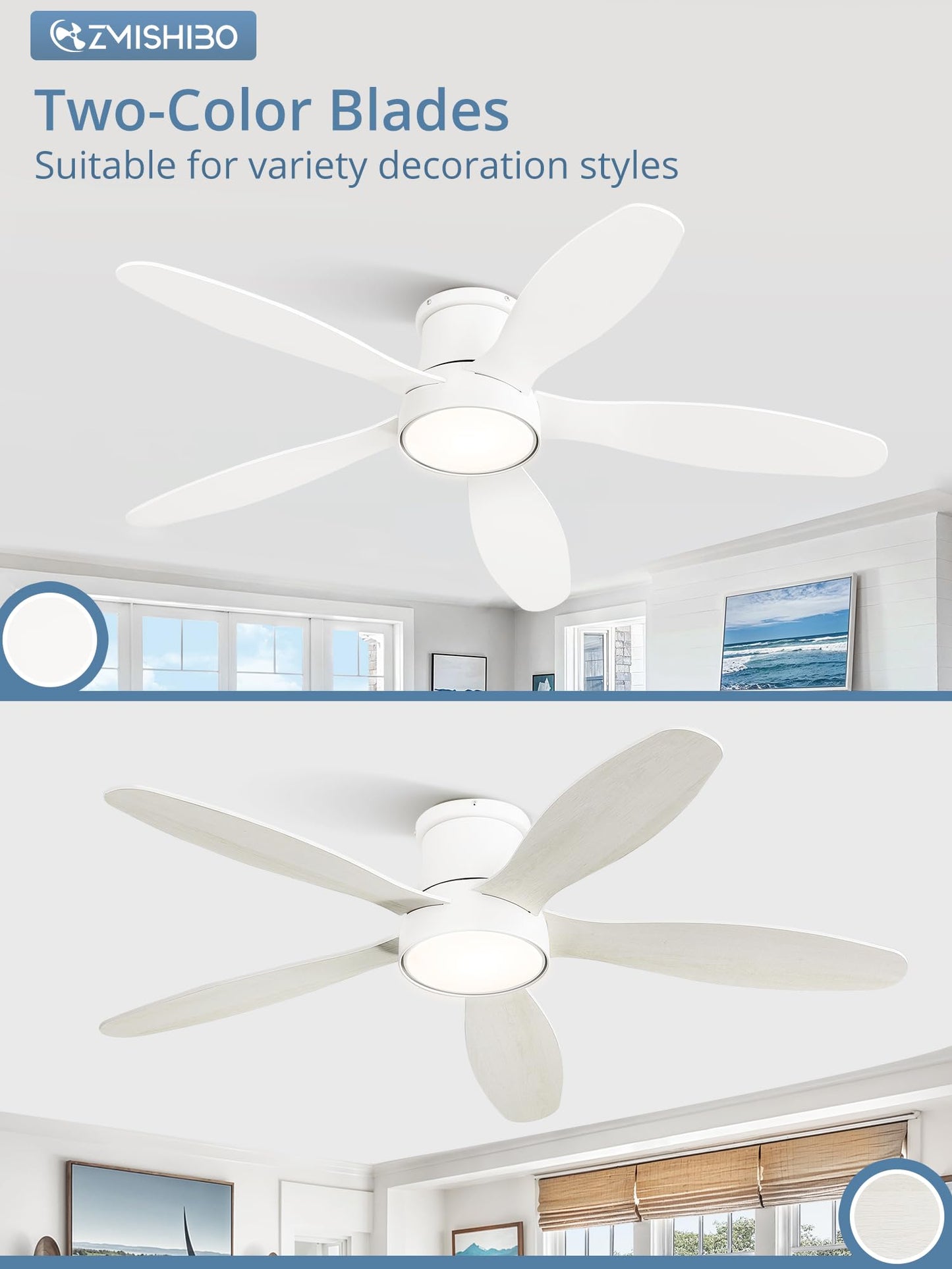 ZMISHIBO 52 Inch Flush Mount Ceiling Fans, Low Profile Ceiling Fan with Light and Remote, Modern LED Ceiling Fan Lighting Fixture for Bedroom, Kitchen, Indoor-White