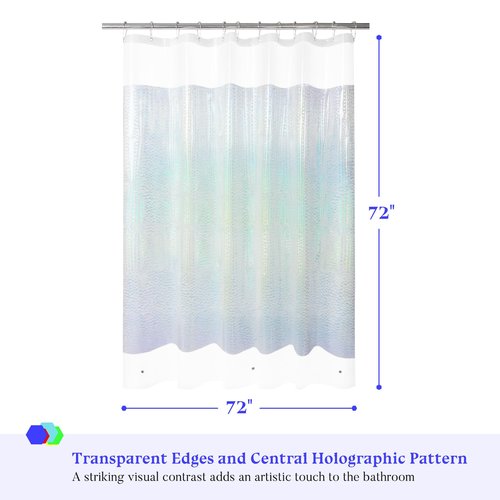 Mrs Awesome Holographic Shower Curtain Liner with 3 Magnets for Bathroom, Waterproof Clear Water Cube Plastic Iridescent Shower Curtain Sparkly, Glitter PEVA Liner 72 x 72 inches